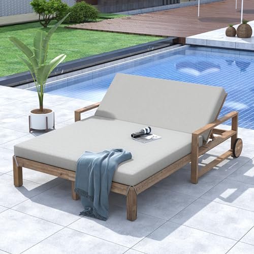 VilroCaz Acacia Wood Outdoor Patio Daybed Sunbed with Movable Wheels