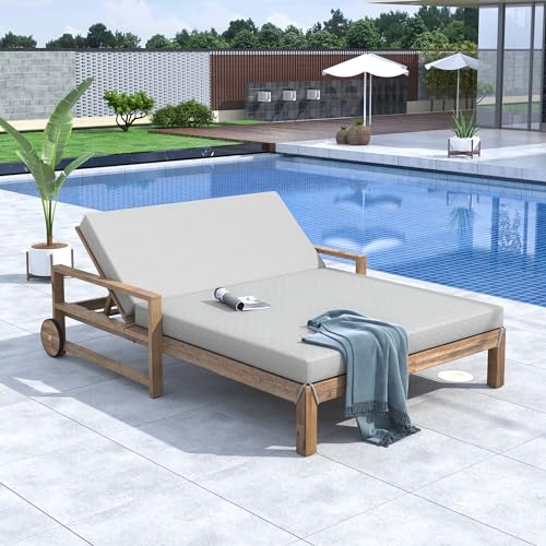 VilroCaz Acacia Wood Outdoor Patio Daybed Sunbed with Movable Wheels